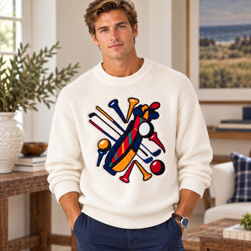 Cambridge Classics Mens Vintage Golf Embroidered Cotton Knit Sweater Cream Large